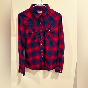 True Religion Red and Blue Plaid Long Sleeve Shirt